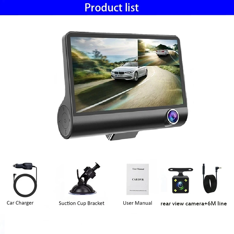 DashCam 차량용 DVR 카메라 3 대, 4 인치 FHD 1080P, 자동 비디오 녹음기, 듀얼 렌즈, 후면보기 카메라 포함, 나이트 비전 등록, 블랙 박스