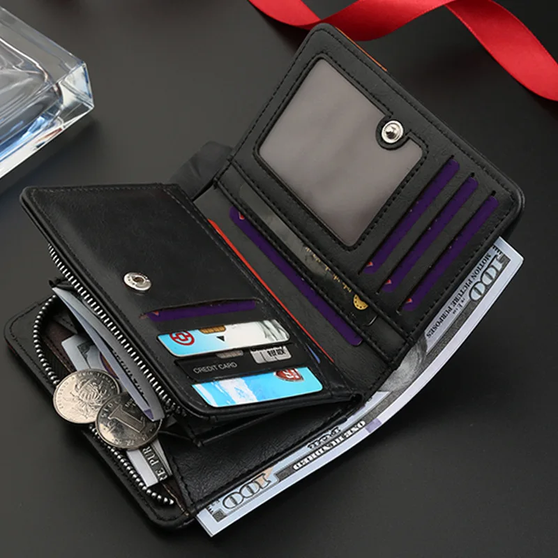Men's Short Wallet with Large Capacity and Multiple Card Slots, Zipper Coin Pouch for Everyday Use and Trendy