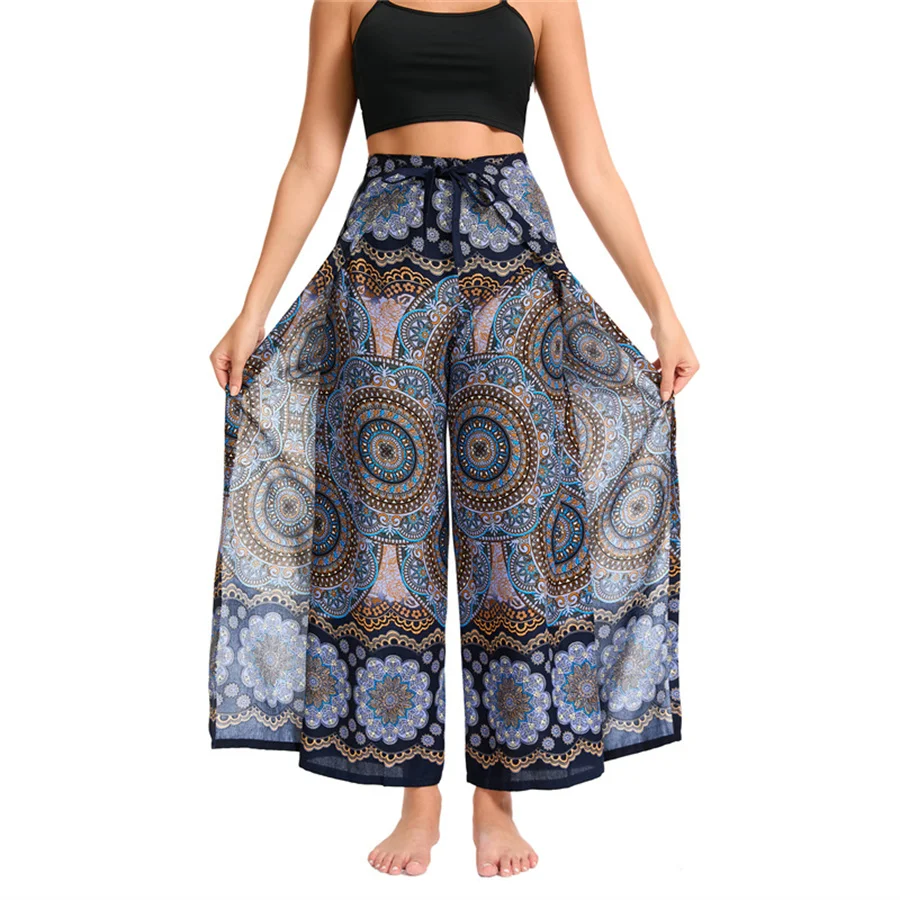 Women's Boho Palazzo Pants Wide Leg Yoga Wrap Tie Up Waistband Beach Cover Up Trousers Rayon Soft Breathable Loose Pants 2