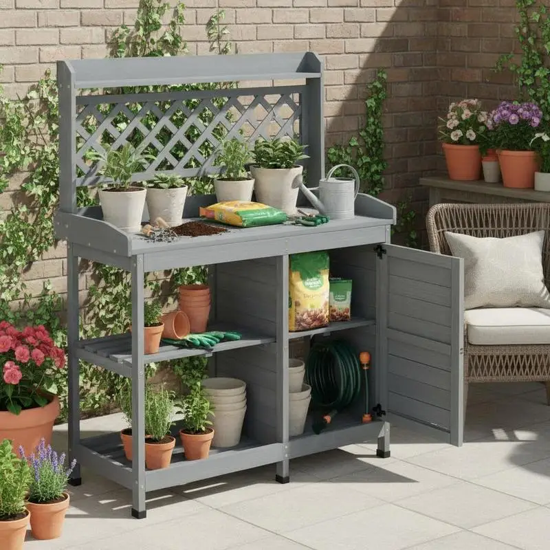 Potting Bench Table, Outdoor Gardening Wooden Workstation with Storage Cabinet, Storage Shelves, 43 x 18 in Wood Tabletop, Garden Planting Work Station for Patio, Backyard, Balcony, Gray