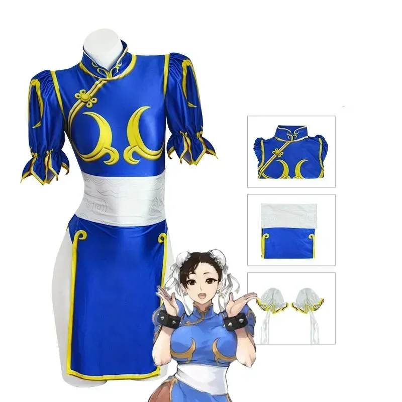 

Chun Li Cosplay Dress Costume Game SF Chunli Role Play Blue Qipao Outfit Full Set Jackie Kung Fu Halloween Party Suit for Fun