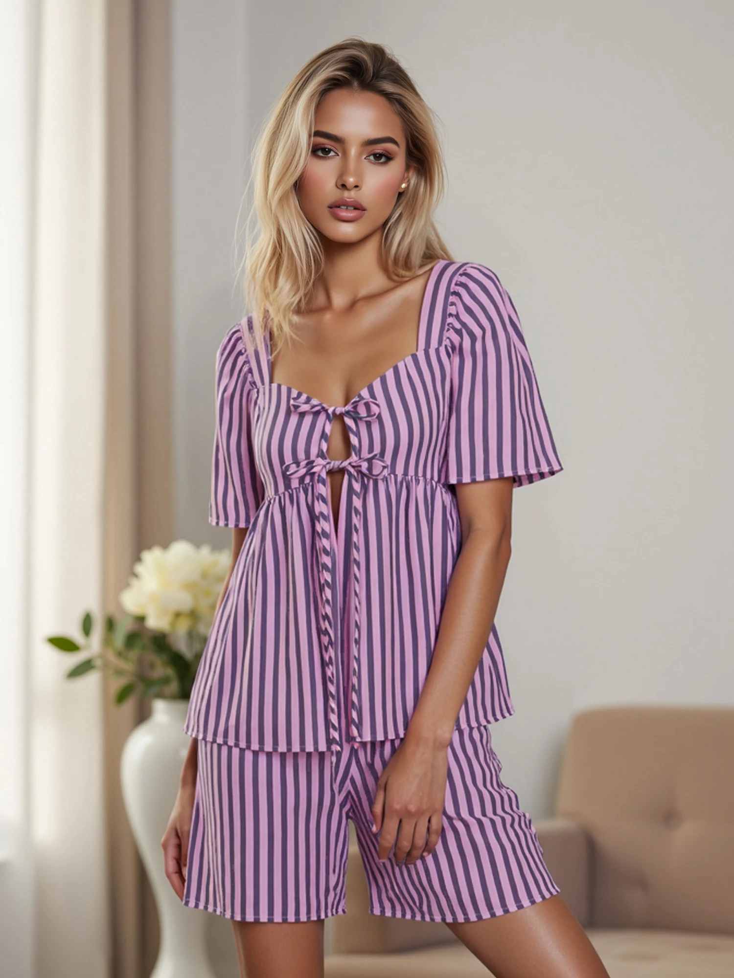 Women s Cozy Two Piece Pajama Set with Short Sleeve Striped Top and Matching Shorts for Comfortable Lounging