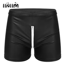Mens Zipper Crotch Faux Leather Boxers Shorts Low Rise Elastic Waistband Shorts Nightclub Party Stage Performance Rave Costume