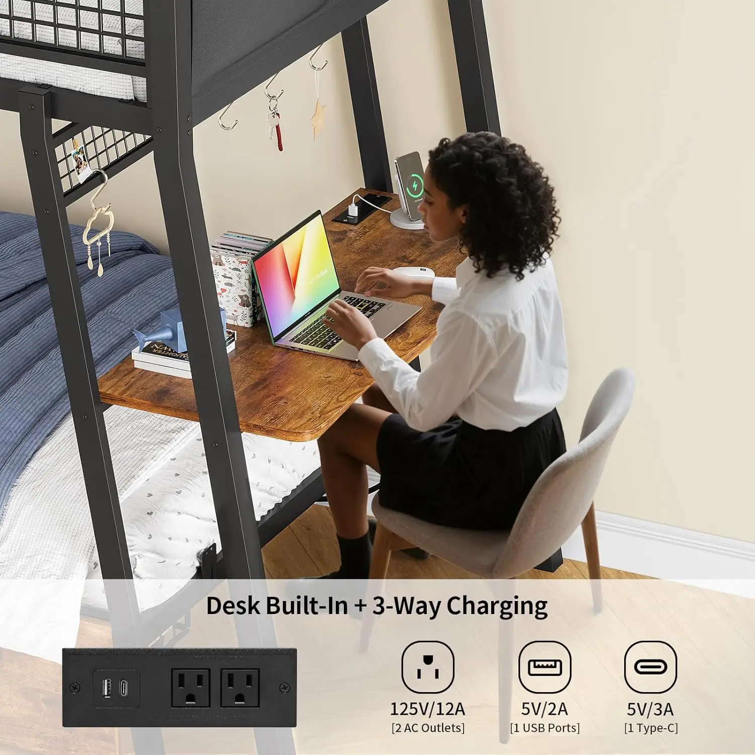 Bunk Bed Twin Over Twin, Bunk Beds with desk, Power Outlets, RGB LED Lights, Storage Drawers,Twin Bunk Bed With Safety Guardrail