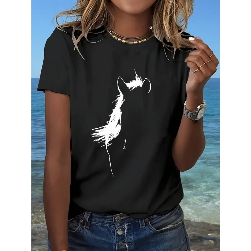 Damen Kurzarm-T-Shirt mit Pferdemotiv, gewaschen, mit Tiermustern für Frühling, Sommer, Herbst, Winter, Damen-Freizeit-T-Shirt