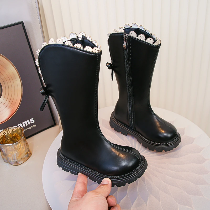 Black Mid Calf Lace Boots for Kids Autumn Breathable