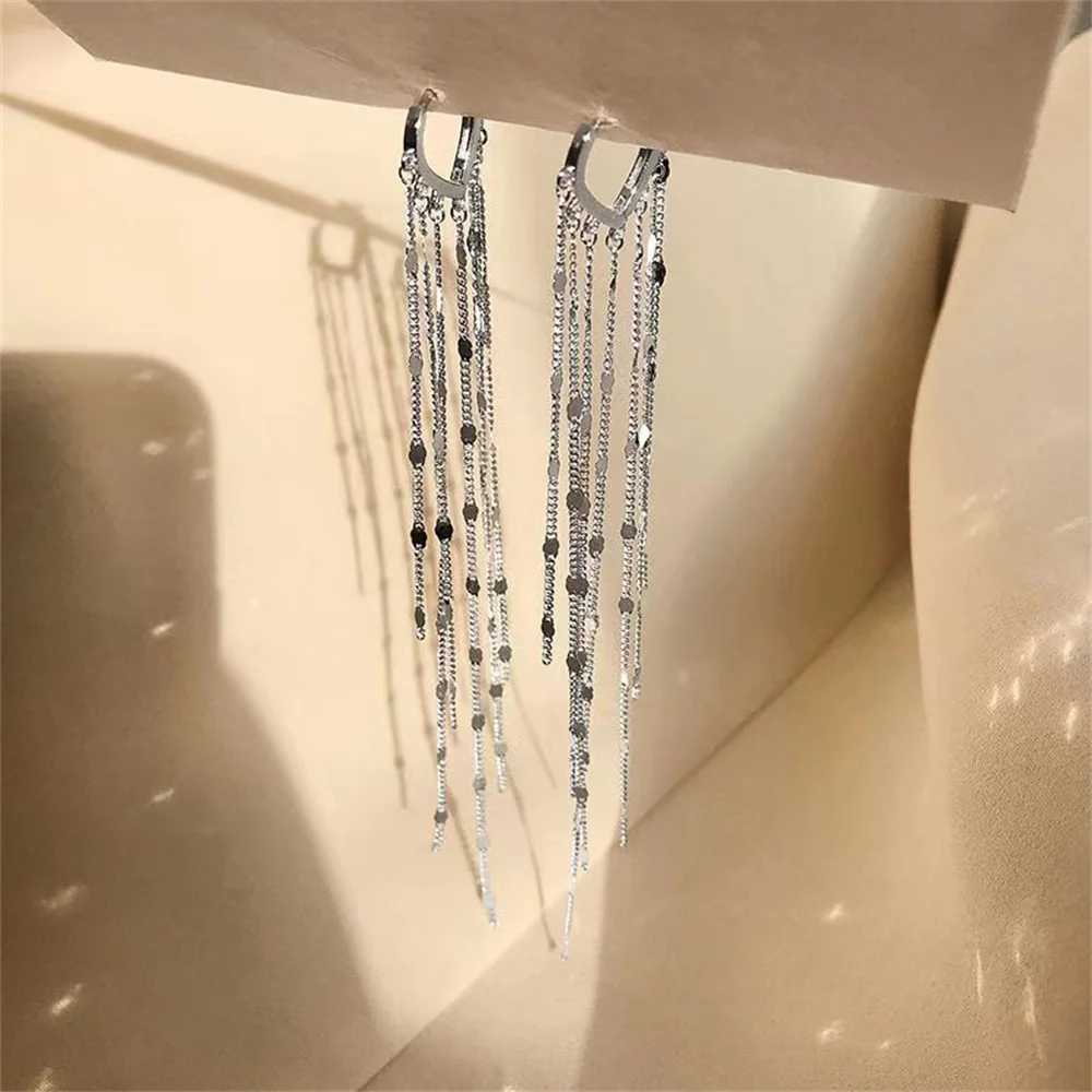 Simple Fashion Long Metal Shiny Tassel Drop Earrings Korean