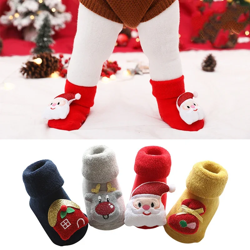 

Children Merry Christmas Cute Cartoon Doll Stocking Winter Terry Thicken Anti-slip Thermal Baby Floor Long Socks for Newborn