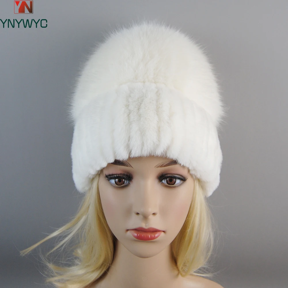 

Russia Lady Winter Real Fur Hat Women Warm Knitted Genuine Rex Rabbit Fur Hat Top Natural Fox Fur Bomber Caps Rex Rabbit Fur Cap