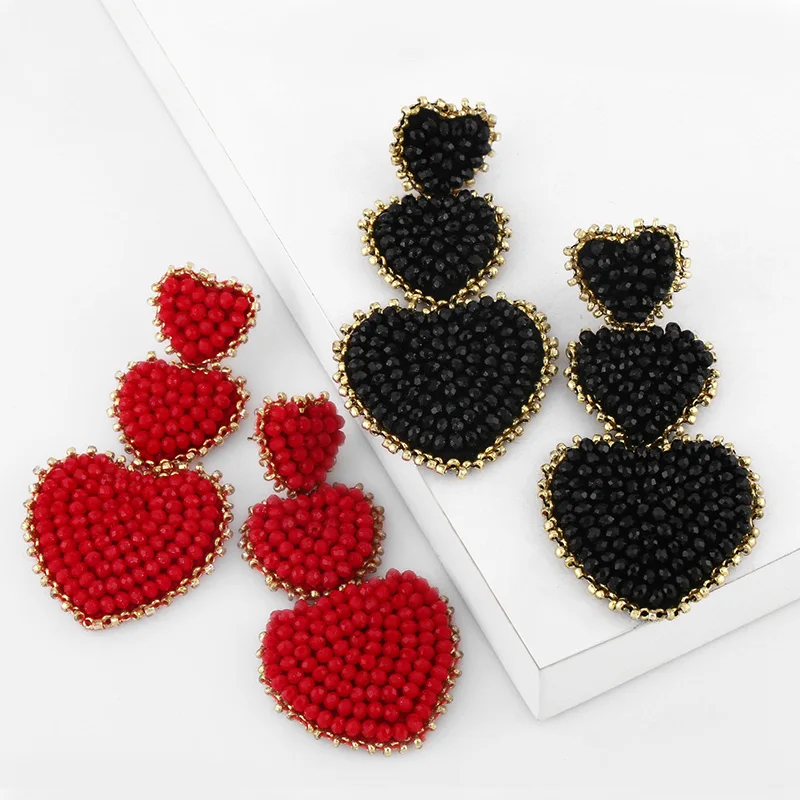 FLOLA Bohemian Big Red Heart Earrings For Women Large Handmade Beaded Drop Earrings Hanging Statement Jewelry Oorbellen ersw94