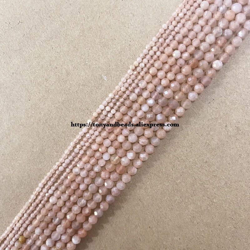 Halbedelstein 2 3 4 mm kleine Diamantschnitte, facettierter Pfirsich-Sonnenstein, runde lose Perlen, 38,1 cm, Auswahlgröße für die Schmuckherstellung