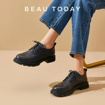 BEAUTODAY Derby Shoes Women Genuine Leather Flats Round Toe Lace Up Square Heel Female Casual Oxford Handmade 21529 1