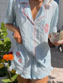 Women Plaid Pajama Set Short Sleeve Button Closure Shirt with Shorts Sleepwear Loungewear 4