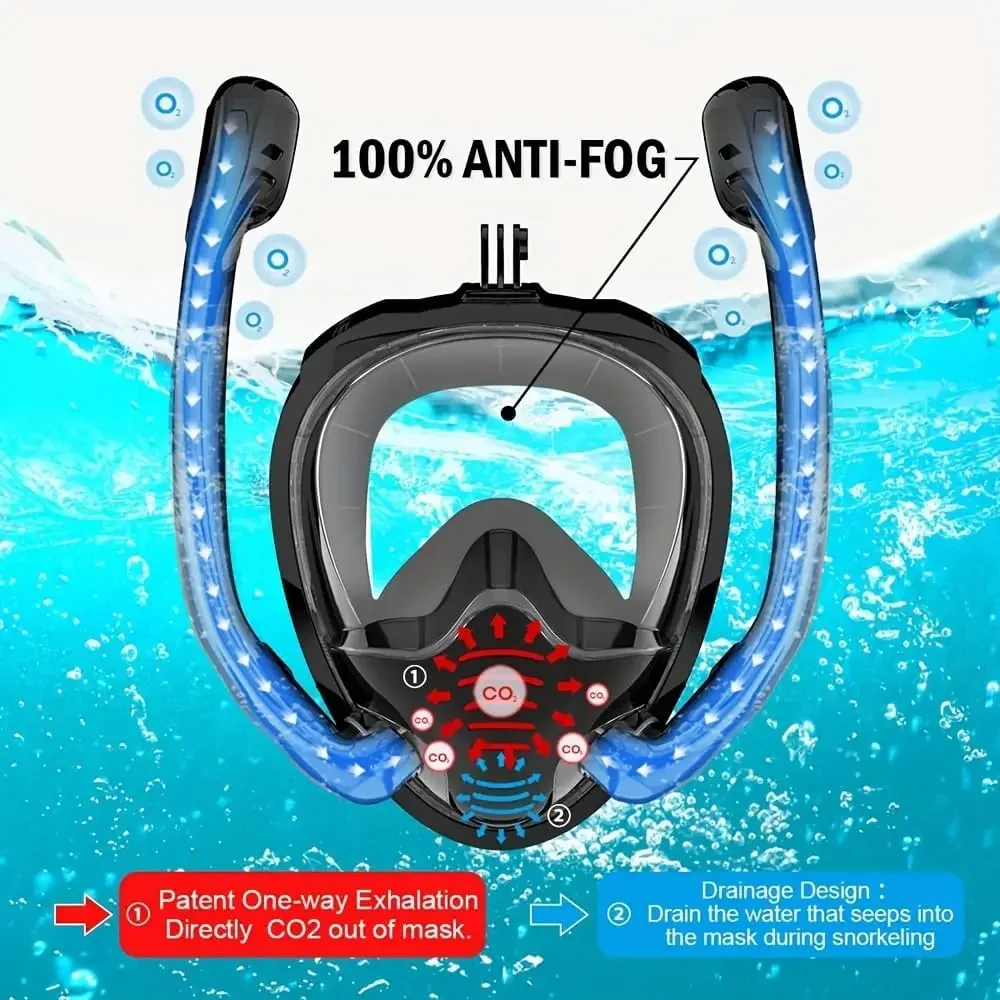 Snorkeling Mask Double Tube Silicone Full Dry Diving Mask Adult Swimming Diving Goggles Self Contained Underwater Breathing