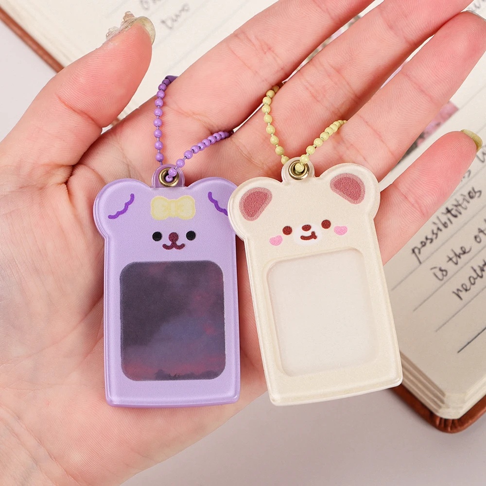 Kawaii Bear Photocard Holder Keychain Kpop Idol Star Acrylic Photo Picture Frame Keyring Key Holder Candy Color Card
