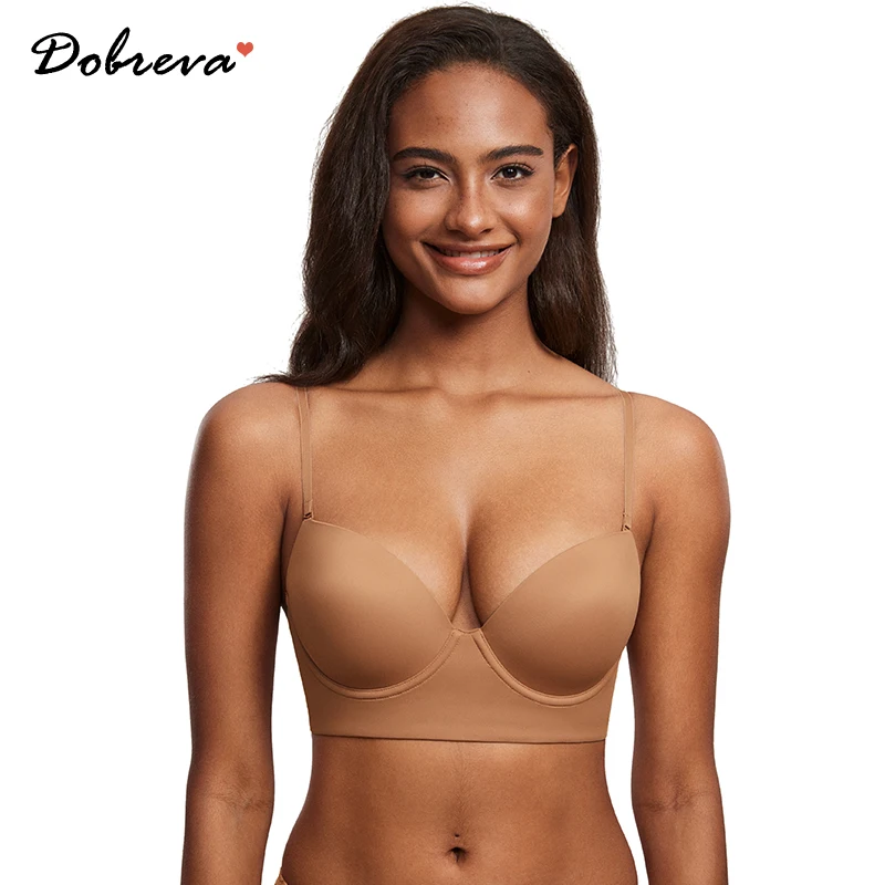 DOBREVA Women's  Full Coverage Backless Bra Low Back Halter Lightly Padded Underwire T Shirt Bras