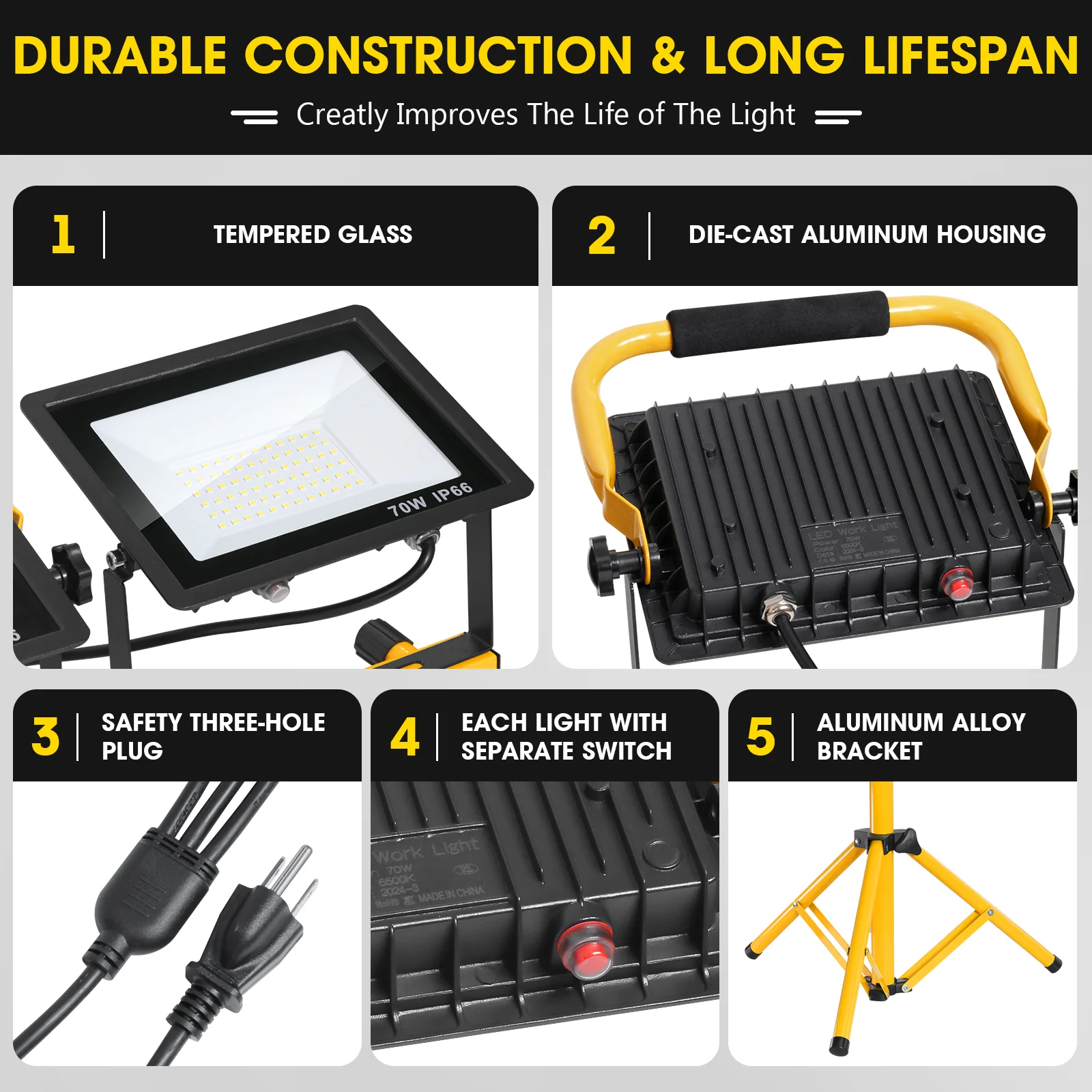 21000 Lumen LED Work Light with Stand-3-Head Portable Tripod Work Light with 16 ft. Cord for Outdoor, Indoor Job Sites