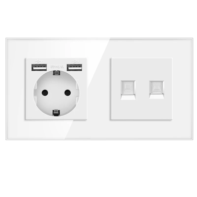 JHJCH EU 표준 벽 소켓 + TV cat3, 강화 유리 rj45 cat6 벽 커넥터 + 컴퓨터 인터넷 잭 157*86mm