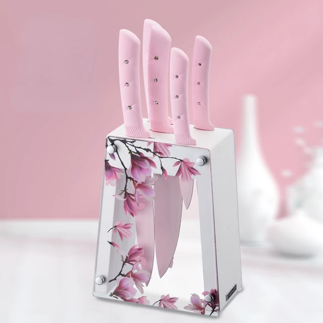 6 Pcs Colorful Kitchen Knife Set,Colored Kitchen Knives Set with Non-Stick Coating for Cooking,Travel, Pink