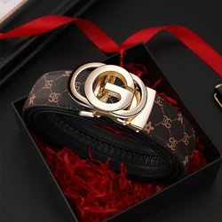Men's Luxury Genuine Leather Belt with Automatic Metal Alloy Buckle - 120cm (YELLOW)