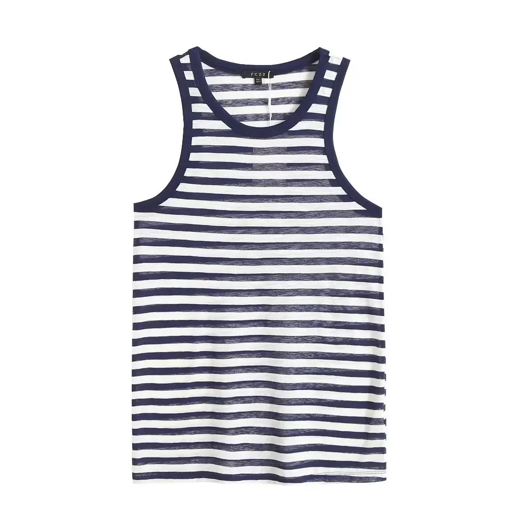 Women's 2023 Fashion Basic Casual Joker Short Striped Vest T-shirt Retro O-neck Sleeveless Vest Chic Top