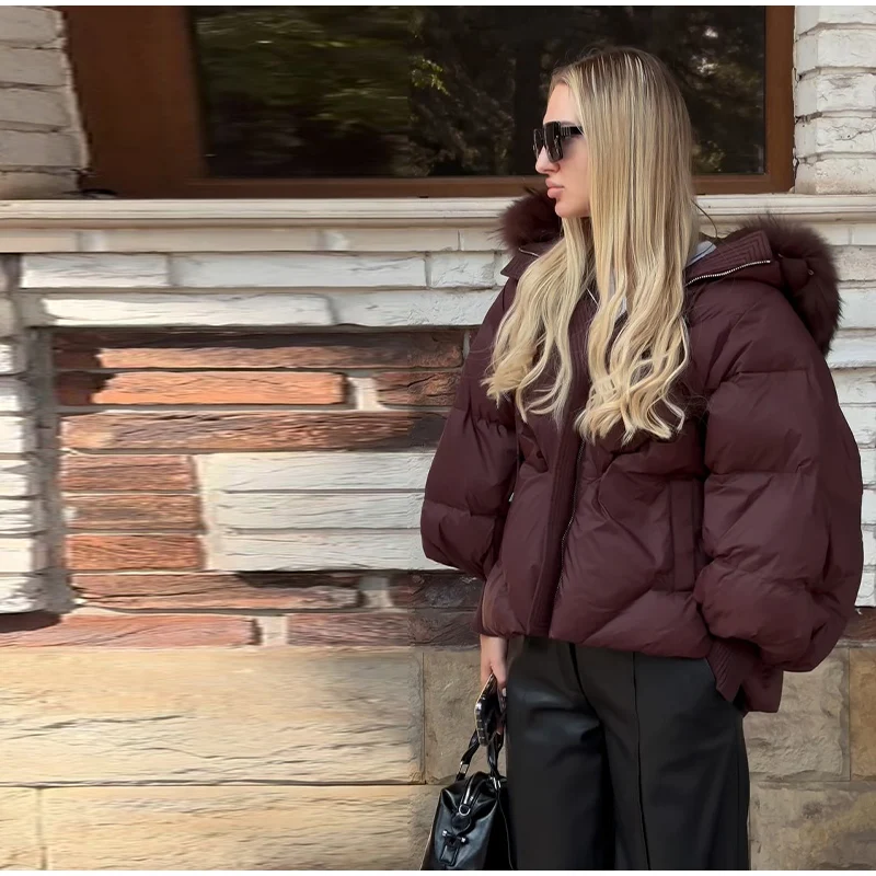 Oversized Faux Fur Hood Padded Jacket Women's Full Sleeve Zippers Loose Coats 2025 Autumn Winter Lady Thick Warm Outerwear