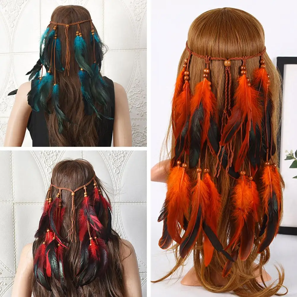 2025 New Fashion Boho Feather Headband for Women Festival Hair Accessories Peacock Feather Turban Ladies Adjust Hairband