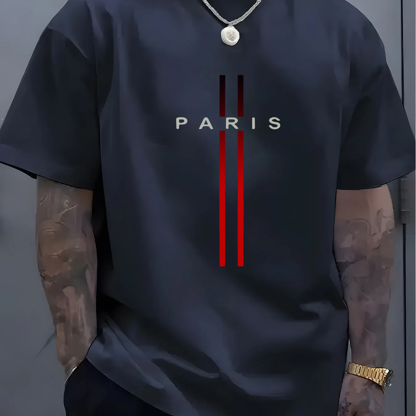 Men T Shirts Summer Pure Cotton Casual Loose Fit Plus Size Paris Letter Pattern Printed Round Neck Short Sleeved Top