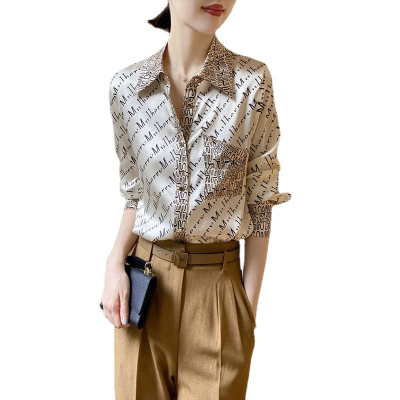 

Женская атласная рубашка с принтом, весна-осень 2022, новый дизайн, нишевой Французский Топ, Повседневная Нижняя рубашка