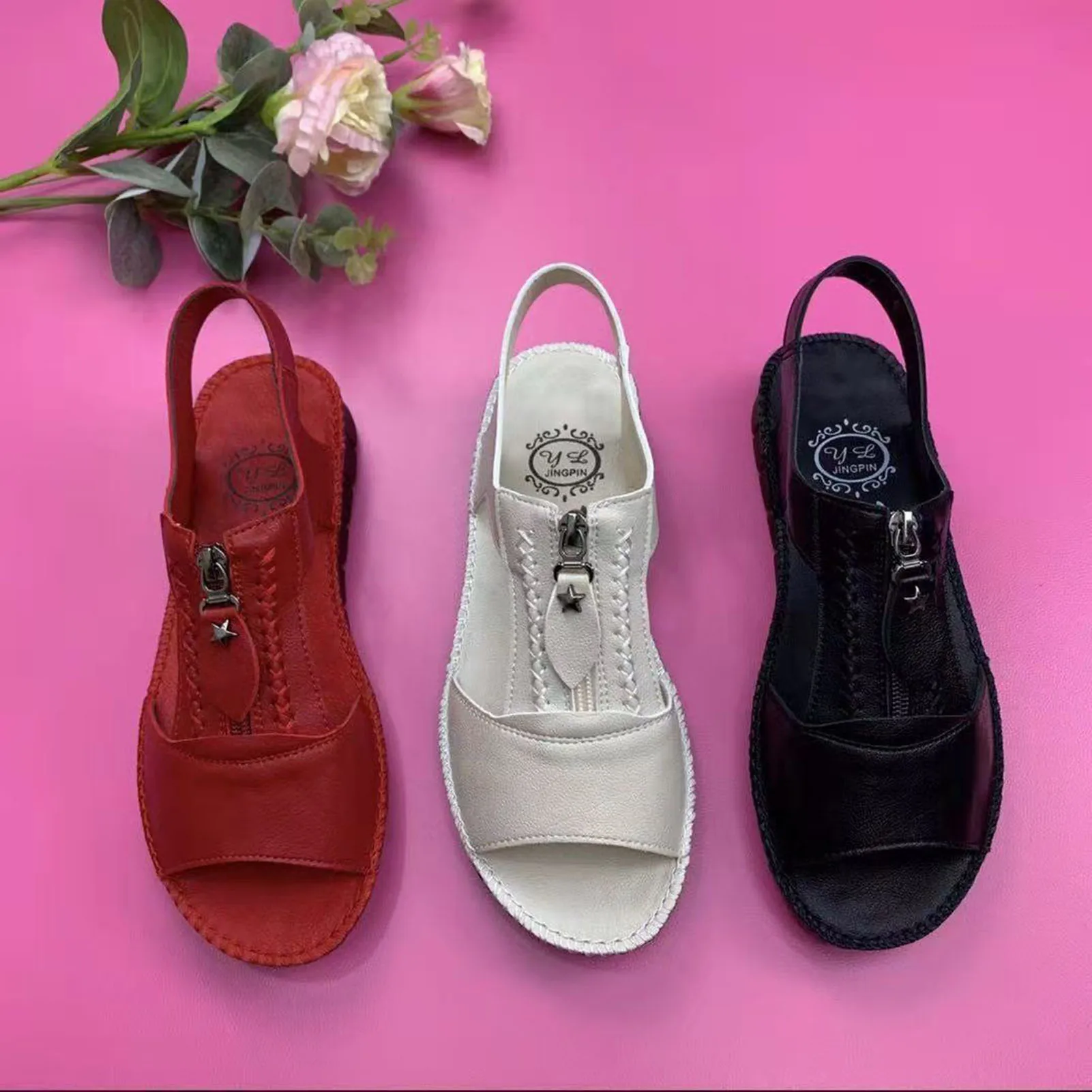 Women's Flat Sandals with Zipper Slingback Open Toe Low Wedges Shoes for Wedding Homecoming Beach