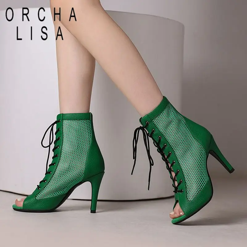 

ORCHA LISA New Women Sandals Peep Toe Stiletto 9.5cm Lace Up Splice Mesh Big Size 44 45 46 Sexy Party Breathable Dancing Shoes