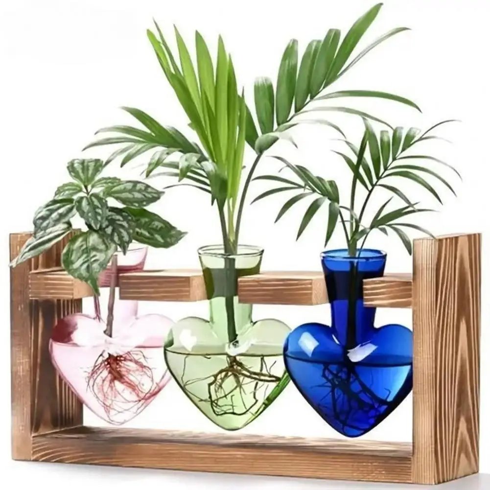 Retro Glass Plant Propagation Station with Wooden Frame – Heart-Shaped Hydroponic Vase for Indoor Plants, Desk & Home Decor 3