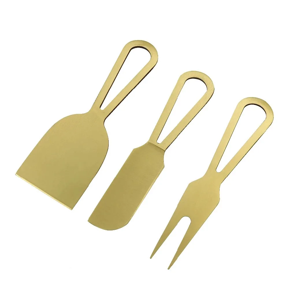 Jaswehome 3pcs Golden Cheese Knife Set Stainless Steel Soft Hard Cheese Cutter Spreader Fork Cake Wedding Tool Gift Set