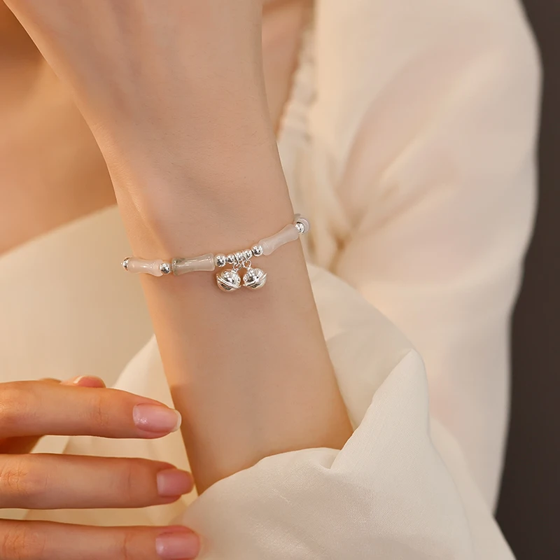 925 Sterling Silver Hetian Jade Bell Bracelet Light Luxury Small Bamboo String 2023 New Bracelet Bestie Hand Jewelry