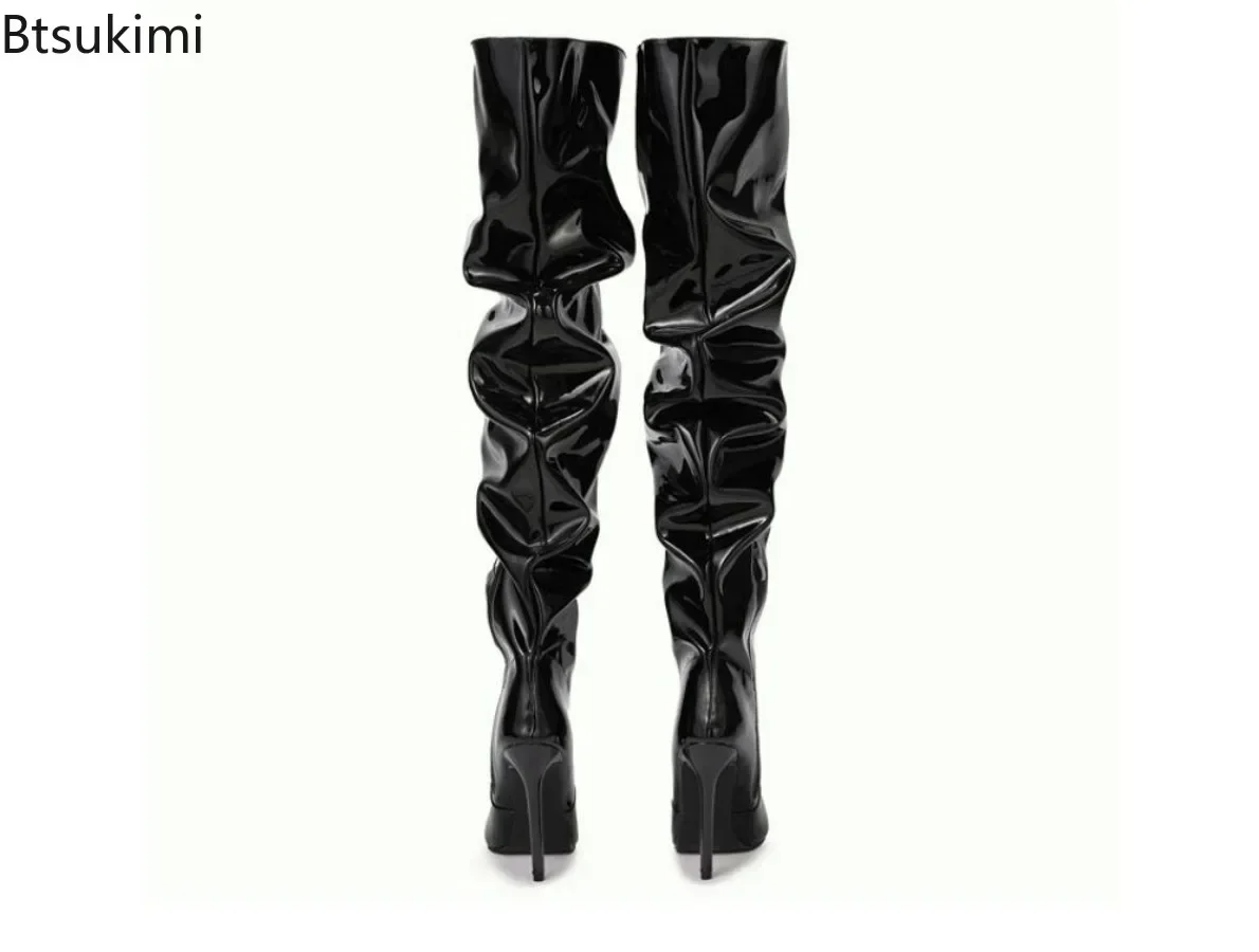 2024 Women's Over-the-knee Boots High Elastic Pointed Toe Black Side Zipper Thin High Heels Female Shiny Pleated High Heel Botas