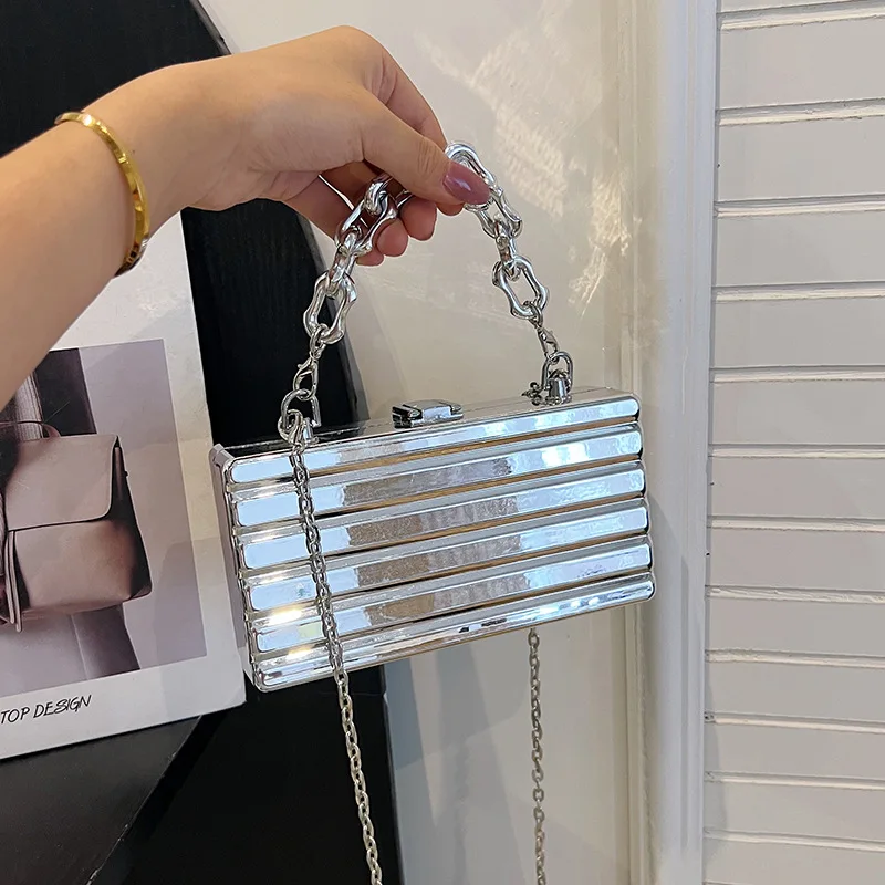 Luxury Gold Women Party Acrylic Box Evening Bag Women Metal Handle Clutch Hand Wallet Chain Shoulder Crossbody Bag Mini Box