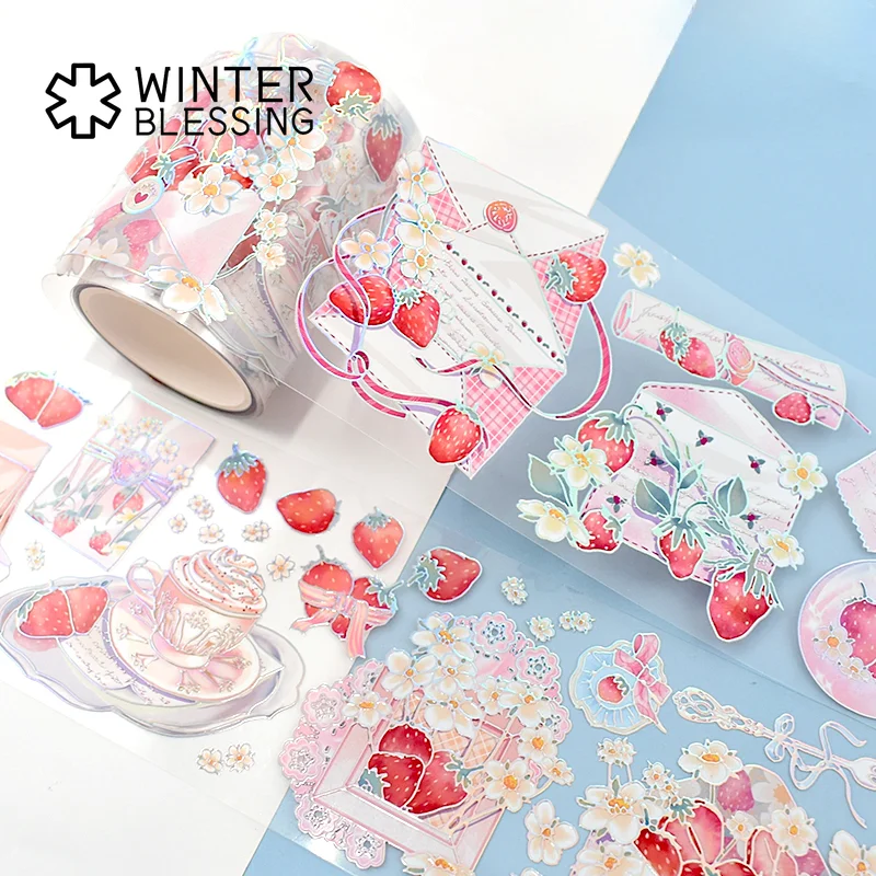 2m Laser Silvery PET Washi Tape Strawberry Transparent Roll Sticker Decorative Adhesive Tape For Scrapbooking Journal Stationery 6