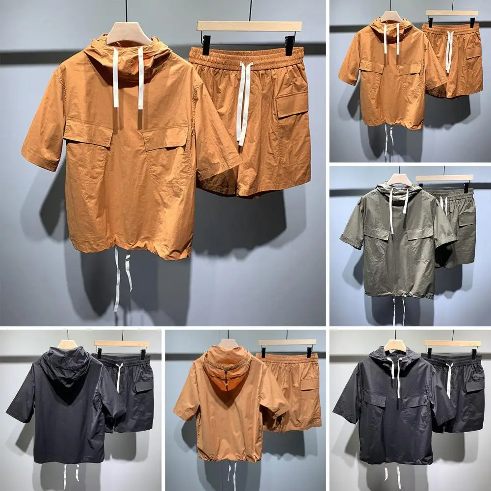 Solid Color Tops Shorts Set Men's Casual Hooded Drawstring Top Wide Leg Shorts Set for Summer Outfit Elastic Waist Cargo Outfit