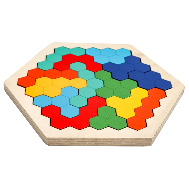 Wooden Hexagon Puzzle Geometric Tangram Jigsaw Shape Pattern Block Brain Teaser Toy Color Recognition Logic IQ Montessori Toy 3
