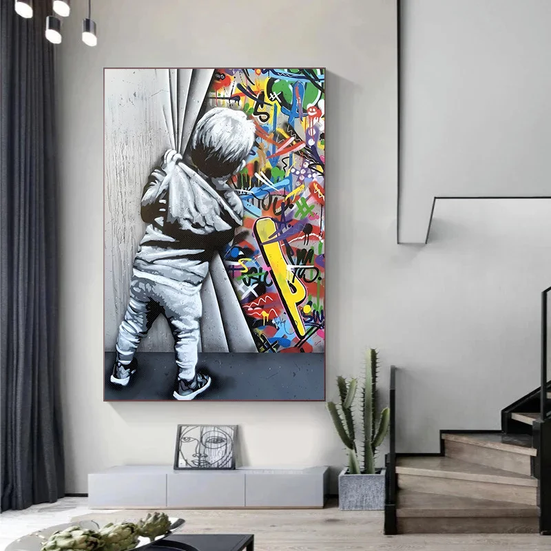 Street Graffiti Canvas Wall Art: Balloon Girl & Playful Monkey Poster