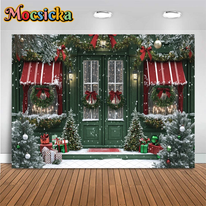 Mocsicka Christmas Green House Backdrops Photography Winter Snowflake Party Photo Backgrounds Bow Wreath Tree Door Decors Banner