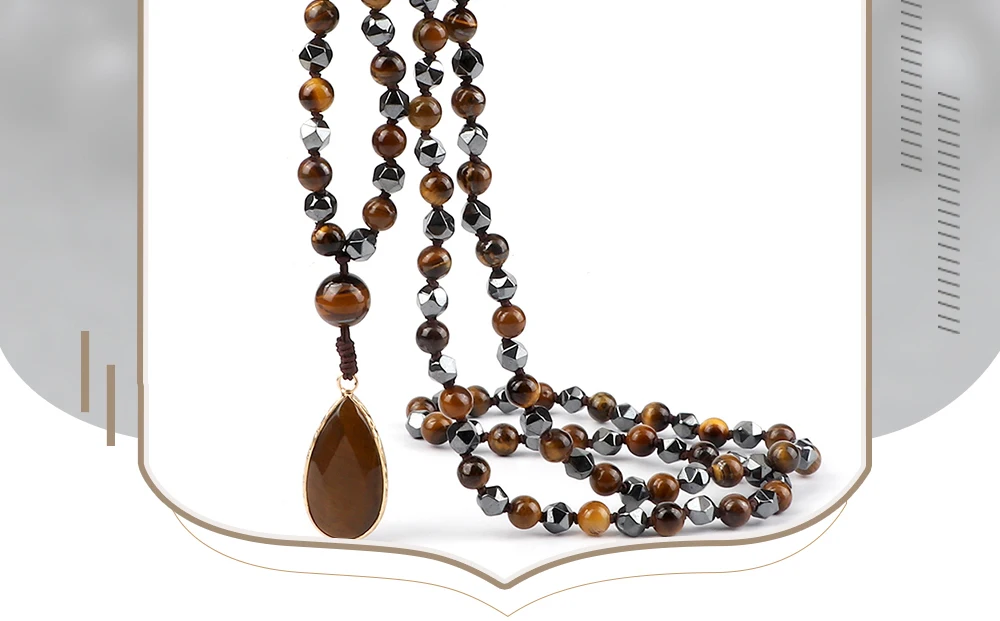 New Drop Pendant 108 Beads Necklace Irregular Hematite Tiger Eye Stone Health Protection Men Long Necklaces Women Yoga Jewelry