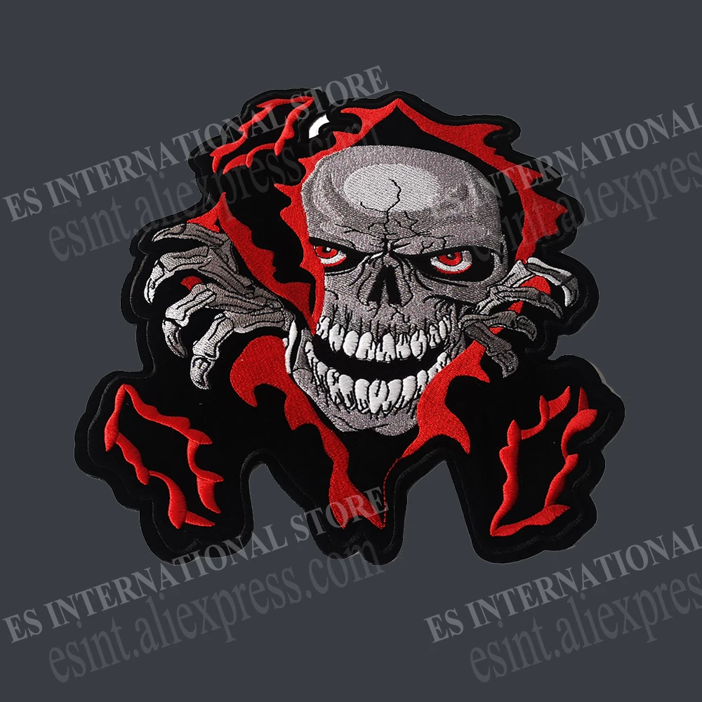 Fiery Skull Embroidered Patch, Biker Patches, Size: 2.5 x 3.9