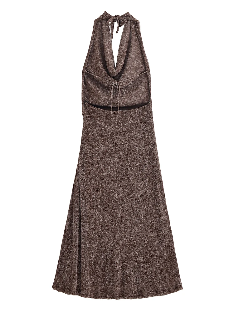 Women's Dress Summer 2025 New Metallic Brown Halter Neck Dress Long Dress Sexy Open Back Design Elegant Party Dresses