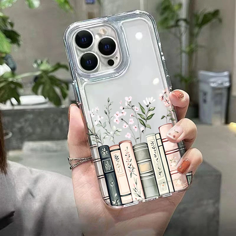 Soft Clear Phone Case with Retro Floral Decor and Book Cover Design