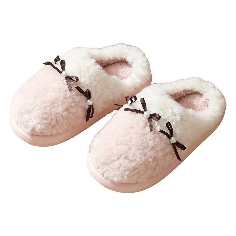 Fashion Pearl Bow Detor Fur Slippers Women Soft Faux Fur Cotton Slippers Woman Winter Thick Bottom Light Cotton Indoor Shoes