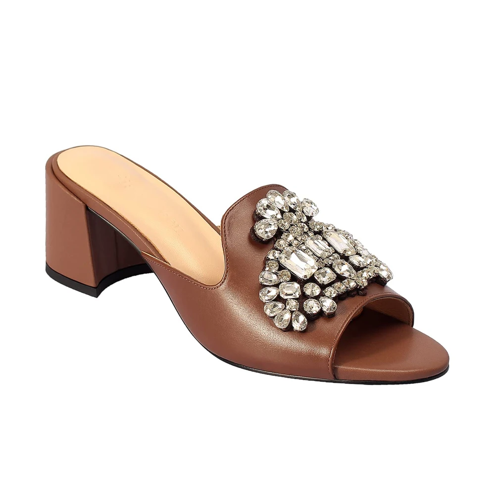

Italy Coffee Rhinestones Women Sandals 2023 Summer Luxury Brand Middle Heel Casual Shoes Designer Ladies Mules Sandals Fashion