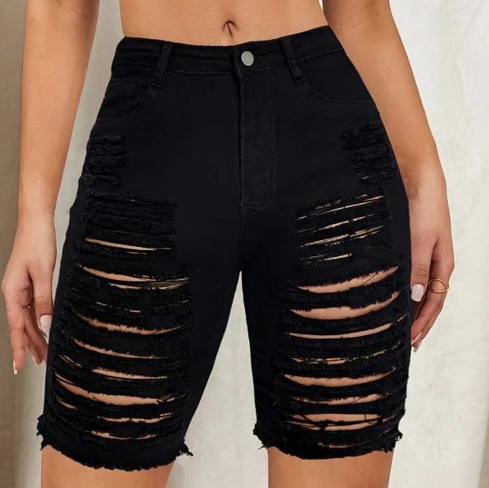 

Women's Shorts 2024 Personalized Trendy Street High Waist Slim Fit Hollowed Straight Leg Capris Denim Ripped Shorts