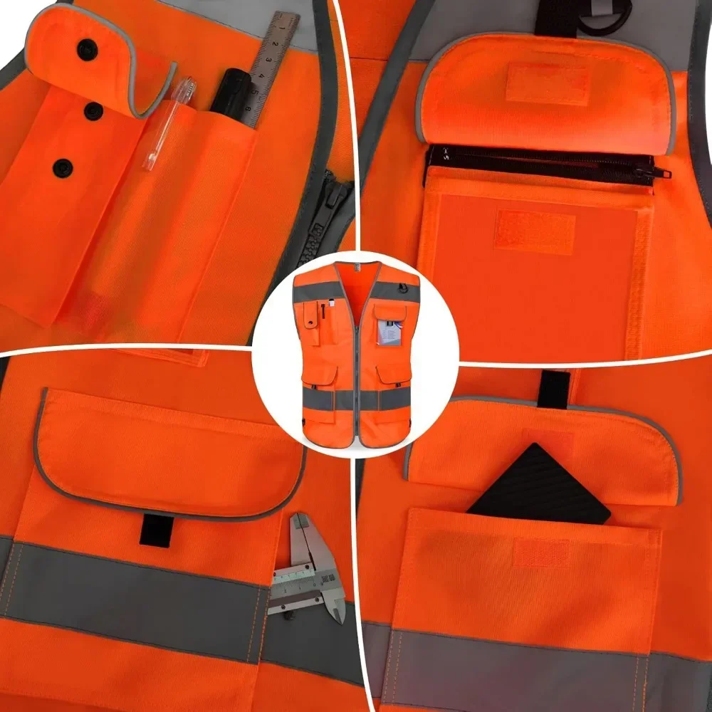 Orange Men's Safety Vest 9 Pockets High Visibility Reflective Vest with Reflective Strips Large Chalecos De Seguridad