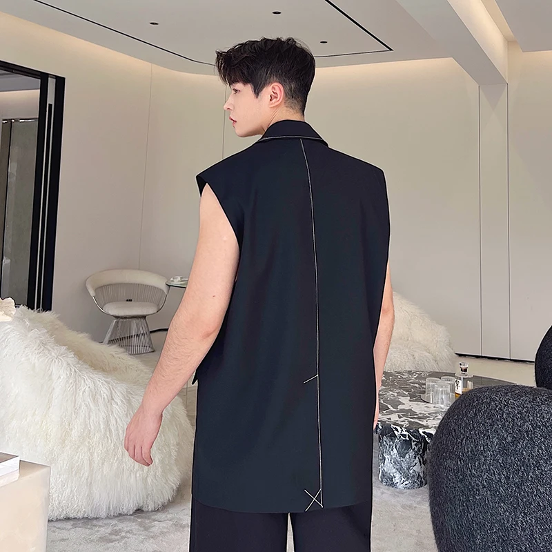 Personality Korean Fashion Design Long Suit Vest Mens Casual Long Suit Waistcoat Chic Style Sleeveless Jacket Gilet Homme 4